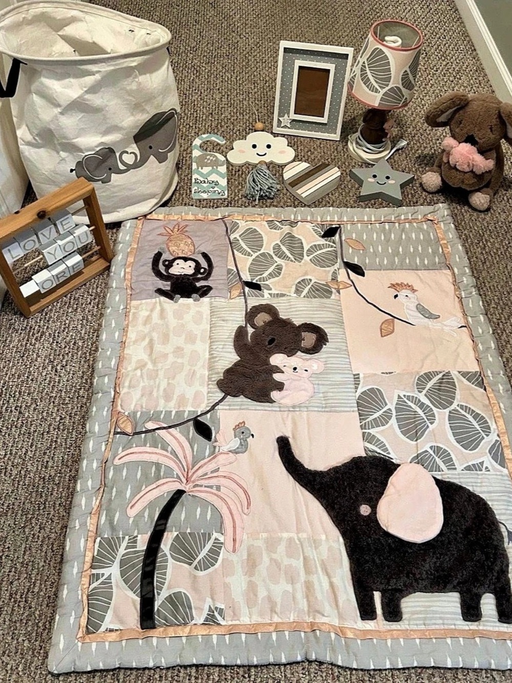 Lambs & Ivy Jungle Party Baby Crib Bedding Quilt Gray & Pink